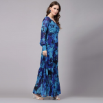 Abstract Printed Sweetheart Neck Cuffed Sleeves Gathered Tiered Georgette Maxi Dress